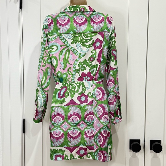 Mango Wrapped Satin Mini Dress Floral Long Sleeve Collared Green Purple Small - Picture 4 of 10
